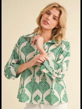 Cream Button-Down Shirt with Green Palm Motif